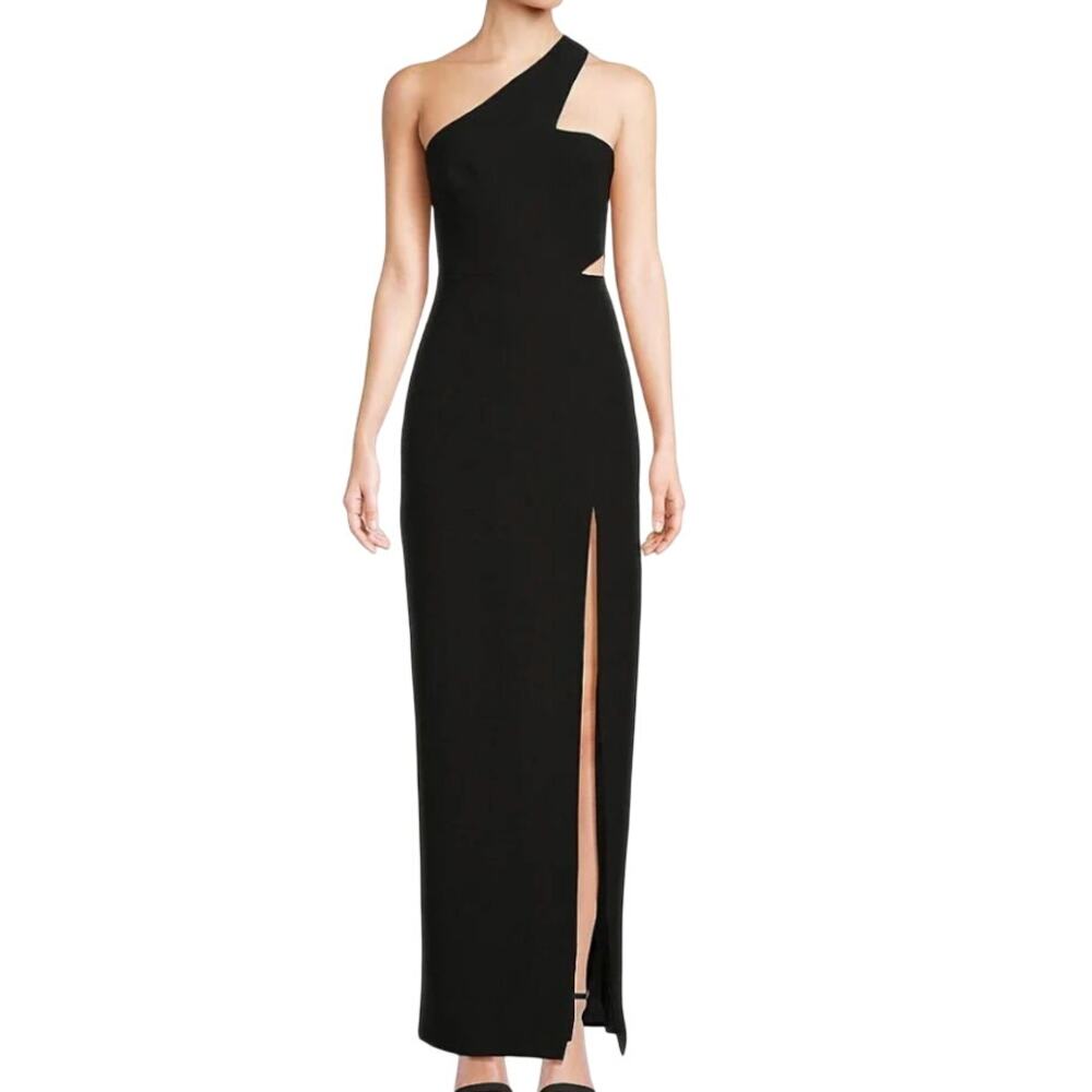 Aidan Mattox Black One Shoulder Cut Out Slit Crepe Column Gown Formal Dress